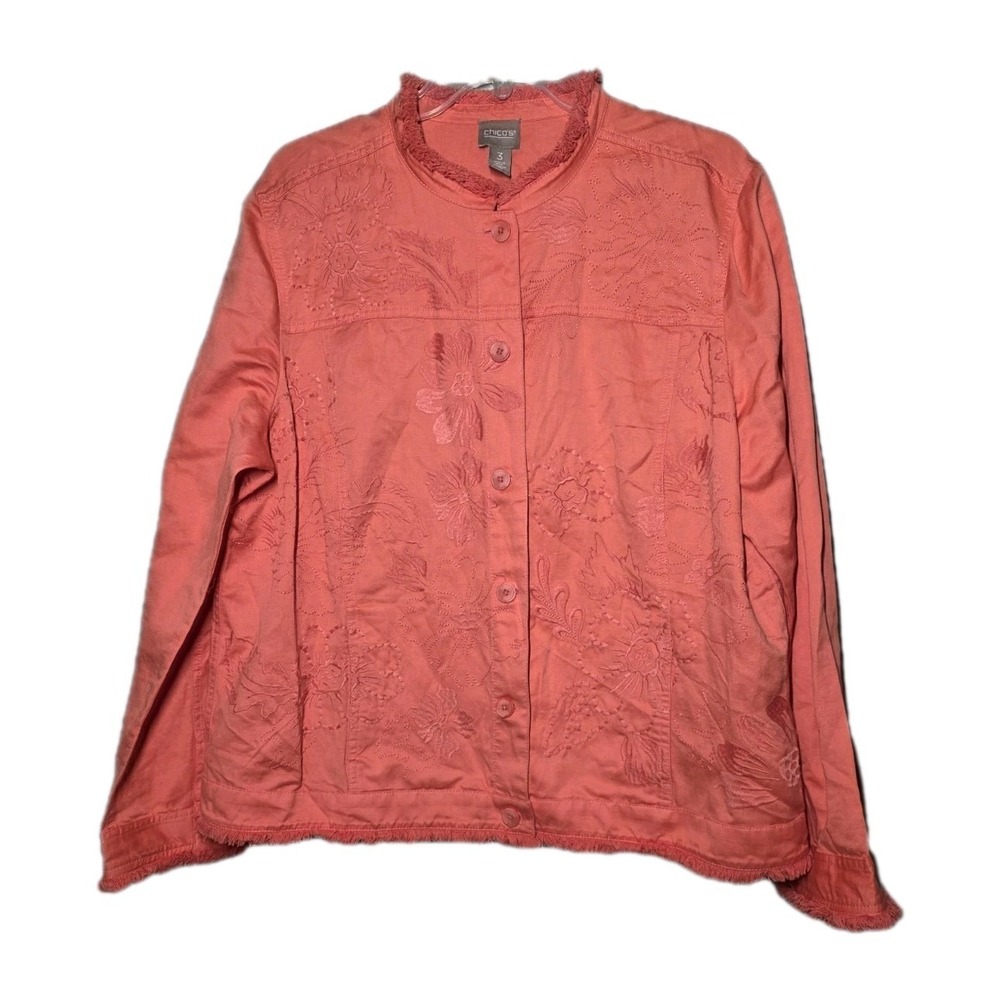 Chico's Womens Size 3 Jacket Orange Floral Embroidered Cottagecore Linen Blend